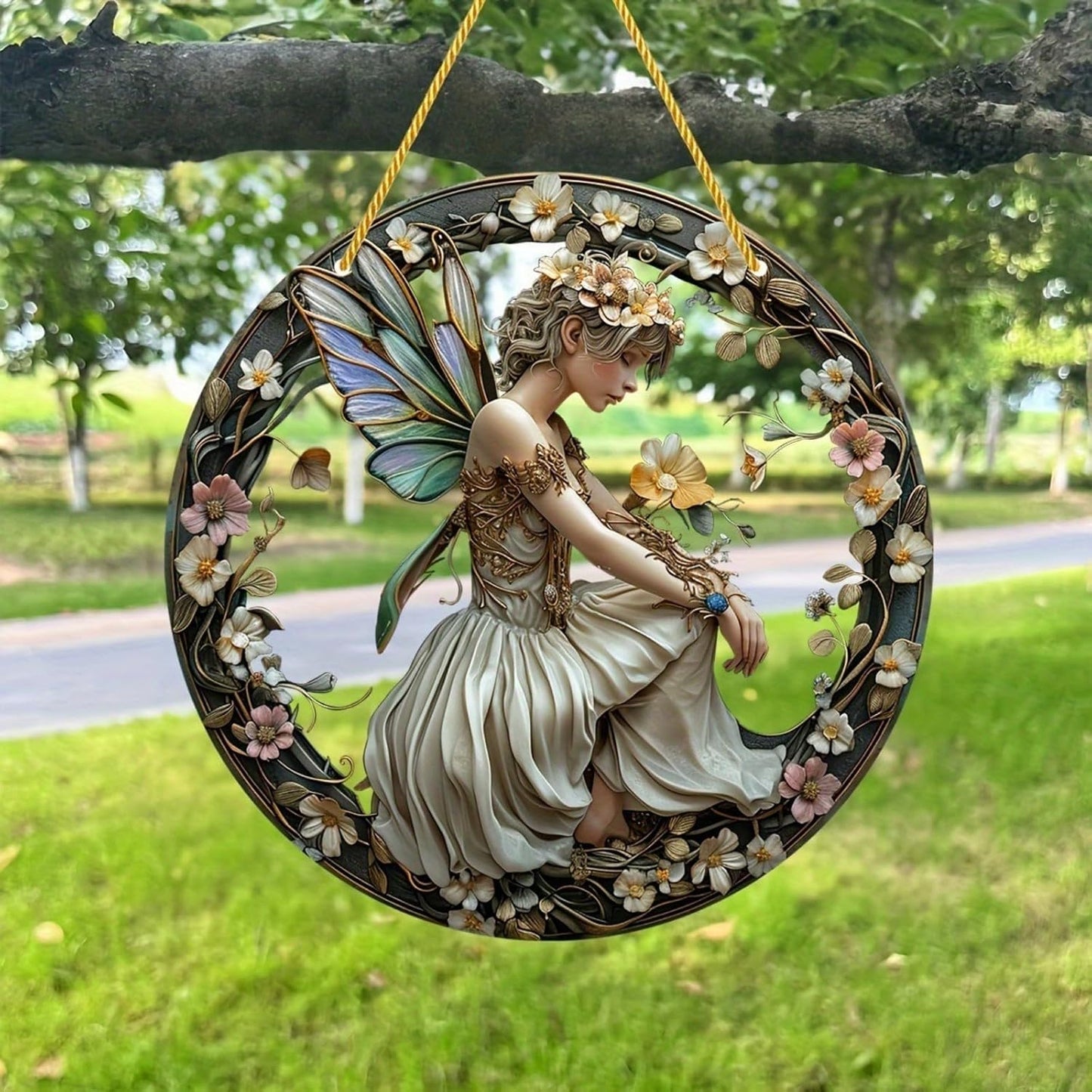 Flower Fairy Garden Decorations Angel Wing Christmas Halloween Deco Statue Art Elf Sculpture Hanging Craft for Outdoor Yard Courtyard Lawn Patio Window Acrylic Ornament Home Gift (B,L: 8*8 IN)