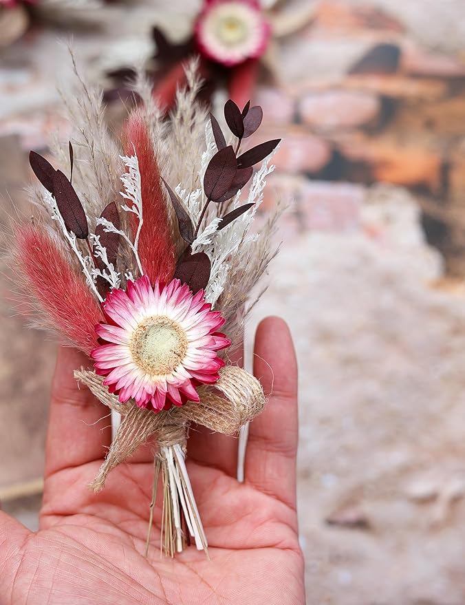 xin's convey Burgundy Mini Dried Flower Bouquet Set of 6, Small Pampas Grass, Groom's Corsage, Dinner Plate Decoration, Bridesmaid Proposal Gift Box Bouquet, Birthday Cake Vase Decoration. (Burgundy)