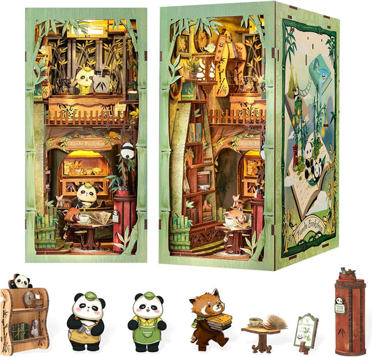Fsolis Book Nook Kits, DIY Miniature House Kit 3D Wooden Puzzles for Adults Bookshelf Decor Decorative Bookend Gifts for Women Teenagers Book Lovers（Panda Bookshop）