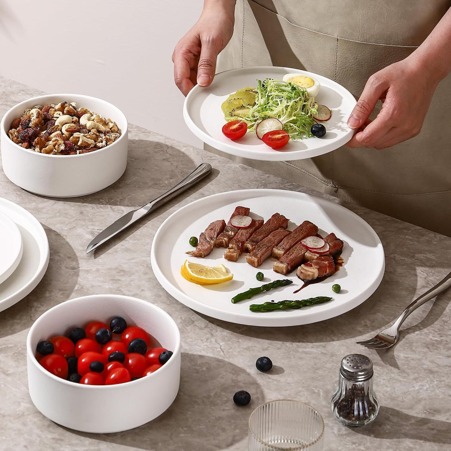 GZG Ceramic Salad Plates Set for 4,8 Inch Stoneware sets,Small Plates for Salads,Desserts,Appetizers,Microwave, Dishwasher,Oven Safe Serving Dish Set,Scratch Resistant,Ivory White