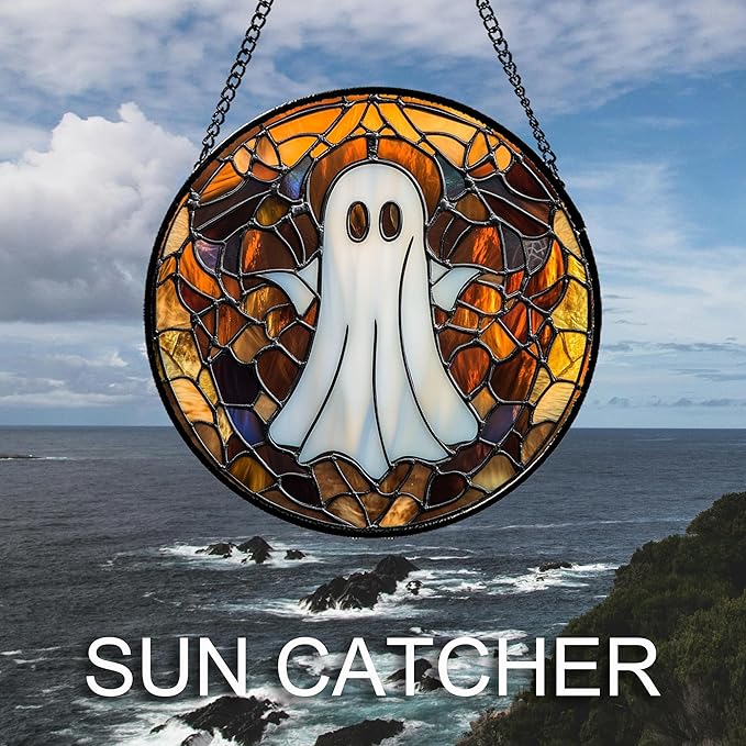 Stained Glass Window Hanging Halloween White Horror Ghost Large 11.8" - Suncatcher Door Garden Kitchen Sun Catcher Home Gothic Decor Birthday for Mom Men Woman Friend Grandma