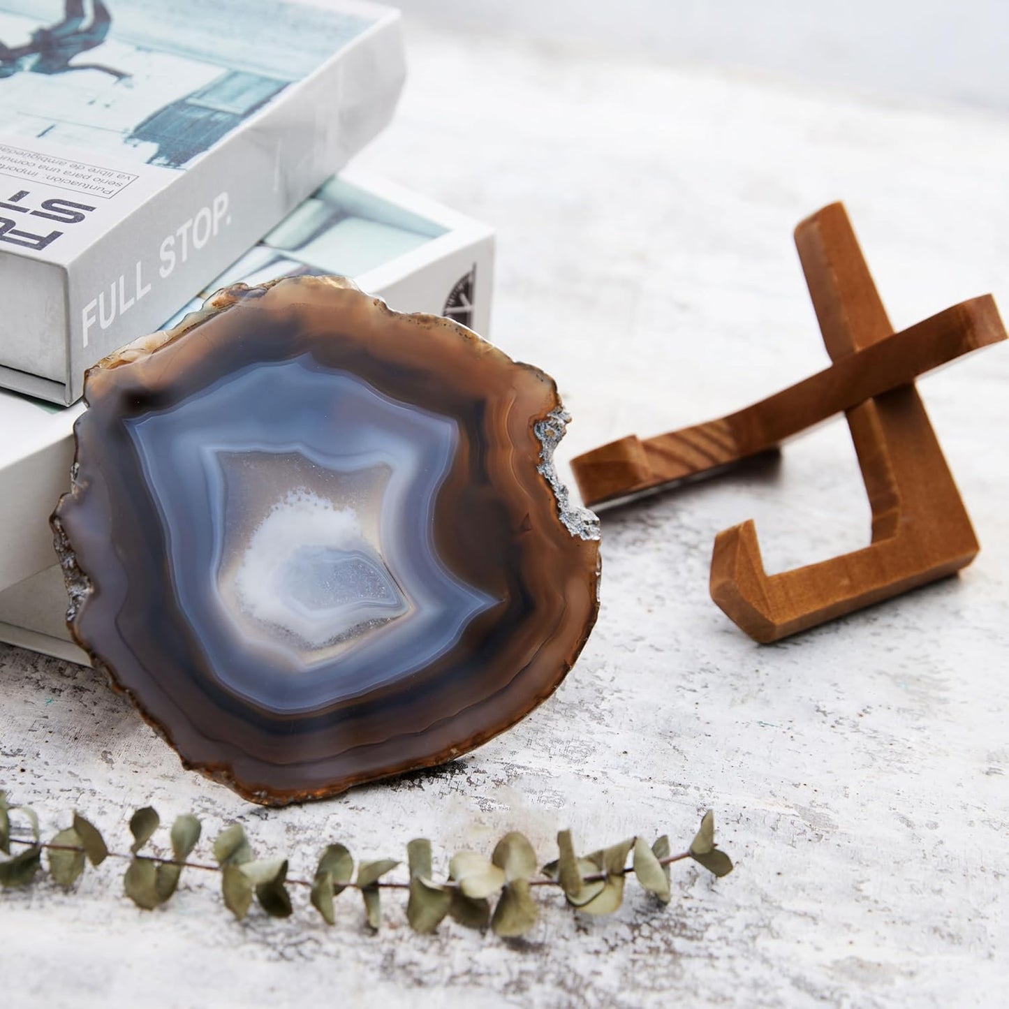 Luxury Lane Large Natural Brazilian Agate Slice Geode Rock Stone Drink Coaster with Wood Holder 4.7-5.5 inch Centerpiece Table Decoration, Ash Gray