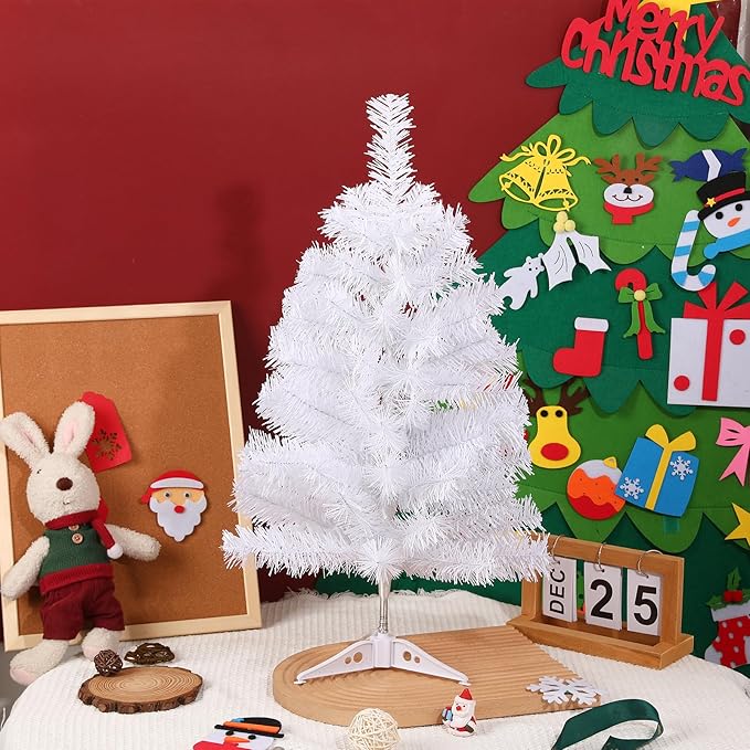 2FT Artificial Christmas Tree White Tabletop Christmas Tree with Plastic Stand Mini Xmas Pine Tree for Party Supplies Indoor Outdoor Holiday Home Decoration(White)