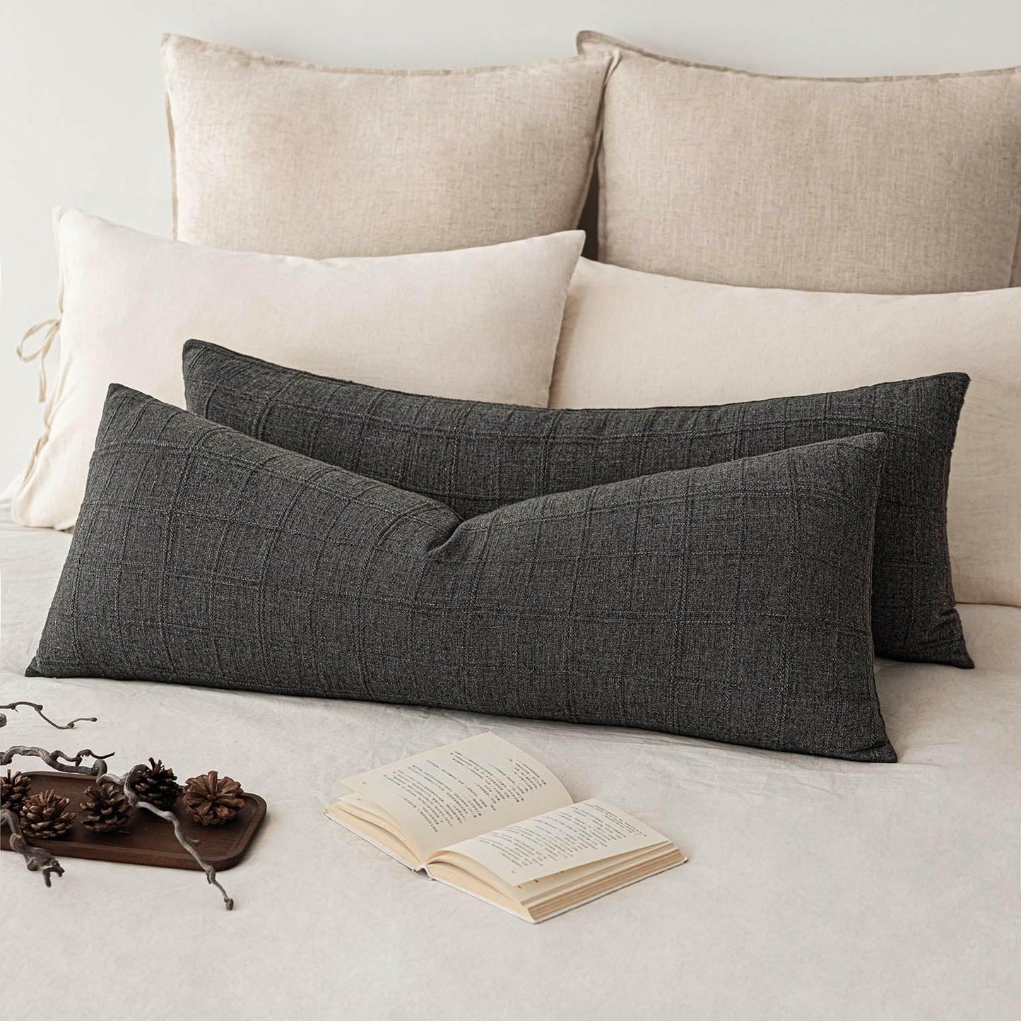 Foindtower Set of 2 Decorative Linen Check Throw Pillow Covers Neutral Long Body Lumbar Cushion Covers Farmhouse Vintage Home Decor for Sofa Chair Couch Bedroom Living Room,14×36 Inch,Charcoal