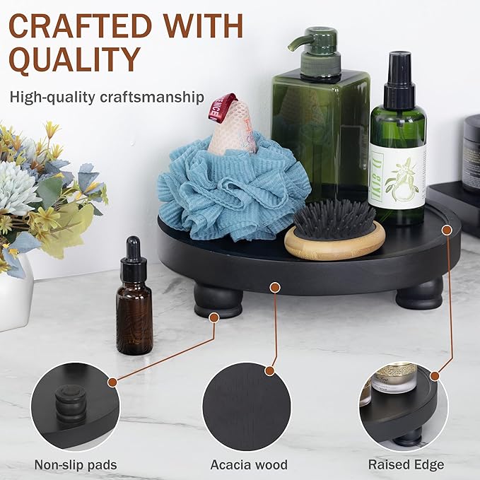 Demigo 10" Acacia Wood Round Tray - Decorative Plant Stand, Farmhouse Countertop Organizer, Multi-Purpose Display Pedestal, Riser Board for Soap, Perfume, Candles, Sponge, Bathroom, Kitchen (Black)