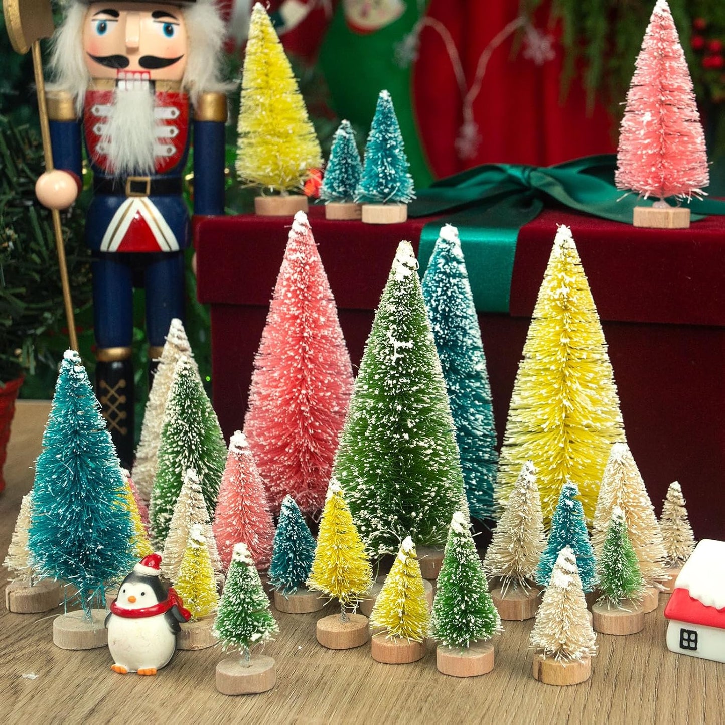 LOVEINUSA 40PCS Colorful Mini Christmas Trees, Snow Frosted Sisal Trees Colored Bottle Brush Xmas Trees with Wooden Base for Xmas Winter Home Table Decoration