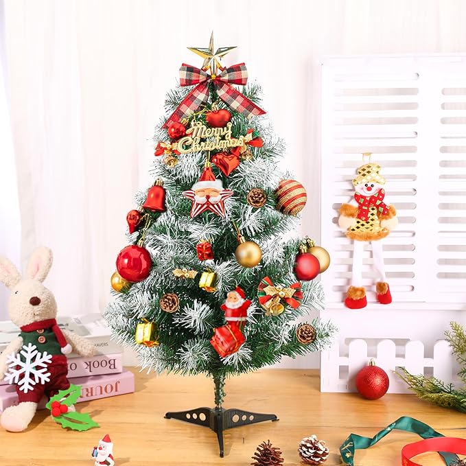 2Ft Artificial Christmas Tree Green Tabletop Christmas Tree with Flocking Snow Frost Tips Plastic Stand Mini Xmas Pine Tree for Party Supplies Indoor Outdoor Holiday Home Decoration