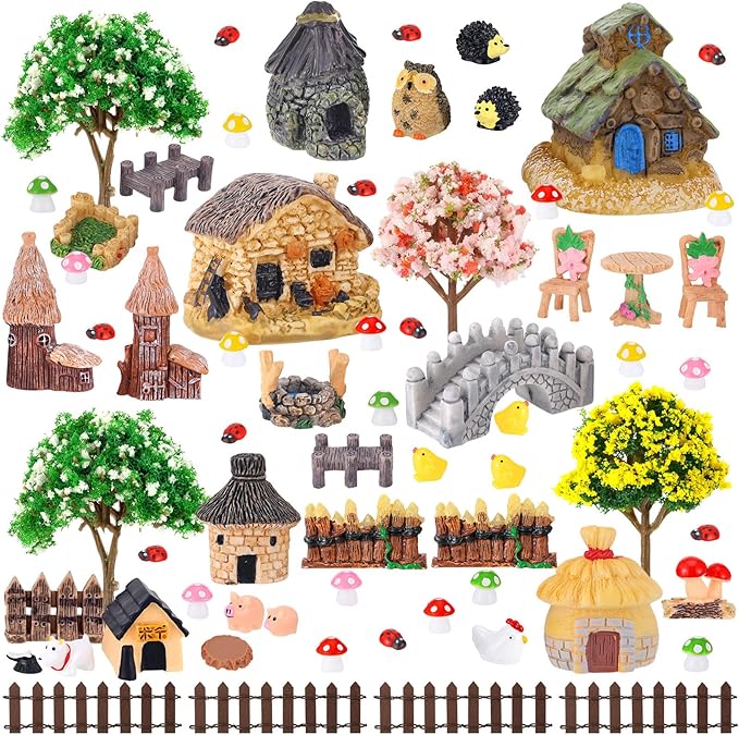 60 PCS Mini Fairy Garden Accessories Kit Enchanted Miniature House Decor Set with Tiny Figurines, DIY Micro Landscape Ornaments for Terrarium, Dollhouse Succulent Craft