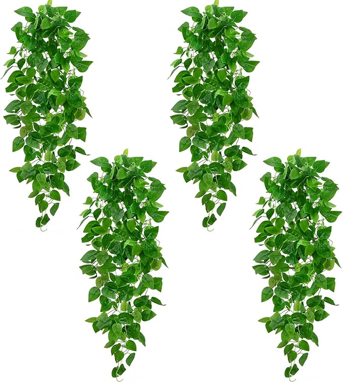 BLEUM CADE 4Pcs Fake Hanging Plants, 9 Branch Artificial Hanging Plant, Lush Faux Pothos Vines for Home Room Wall Shelf Porch Outdoor Indoor Decor (No Baskets)