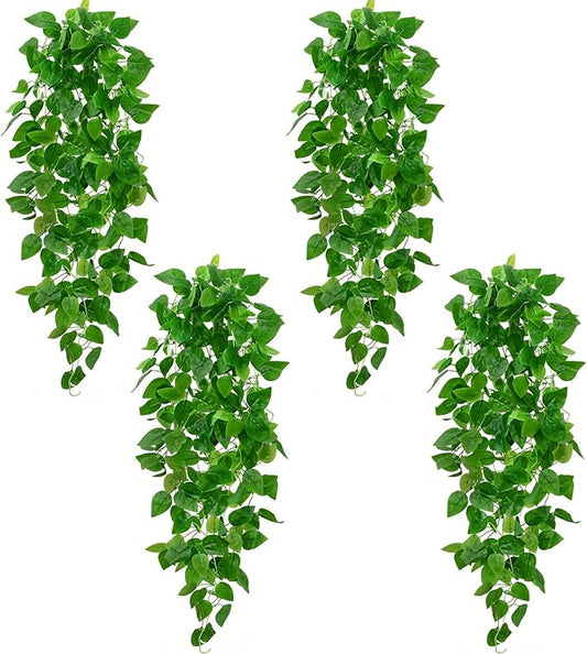 BLEUM CADE 4Pcs Fake Hanging Plants, 9 Branch Artificial Hanging Plant, Lush Faux Pothos Vines for Home Room Wall Shelf Porch Outdoor Indoor Decor (No Baskets)