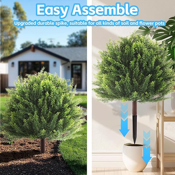 24" Artificial Plants Topiary Cedar Tree Indoor, Set of 2 Faux Plants Outdoor UV Resistant Fake Shrubs for Front Porch Garden Decor with Ground Spike