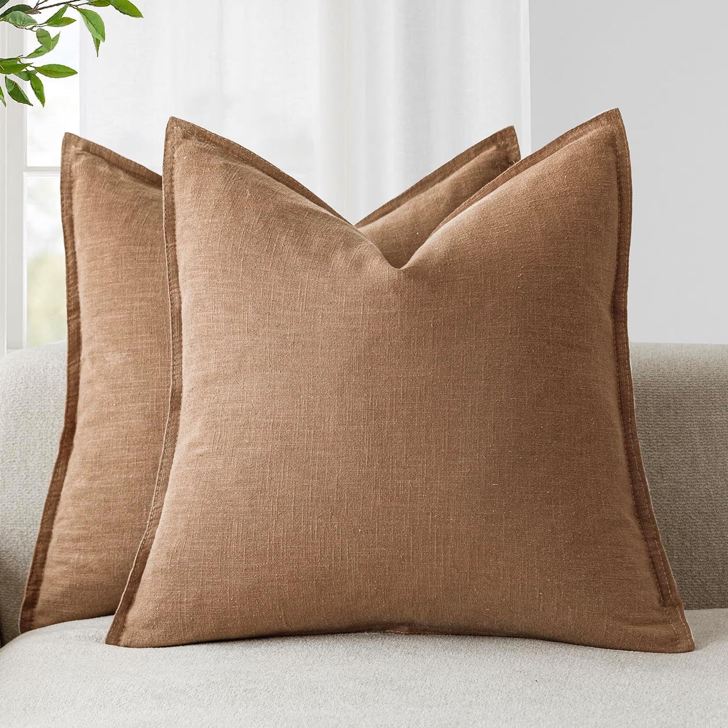 Foindtower Pack of 2, Decorative Linen Soild Throw Pillow Covers Soft Accent Cushion Case Boho Farmhouse Pillowcase for Chair Couch Sofa Bedroom Living Room Home Decor 20 x 20 Inch Light Khaki Brown
