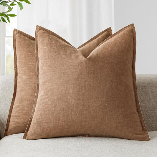 Foindtower Pack of 2, Decorative Linen Soild Throw Pillow Covers Soft Accent Cushion Case Boho Farmhouse Pillowcase for Chair Couch Sofa Bedroom Living Room Home Decor 16 x 16 Inch Light Khaki Brown