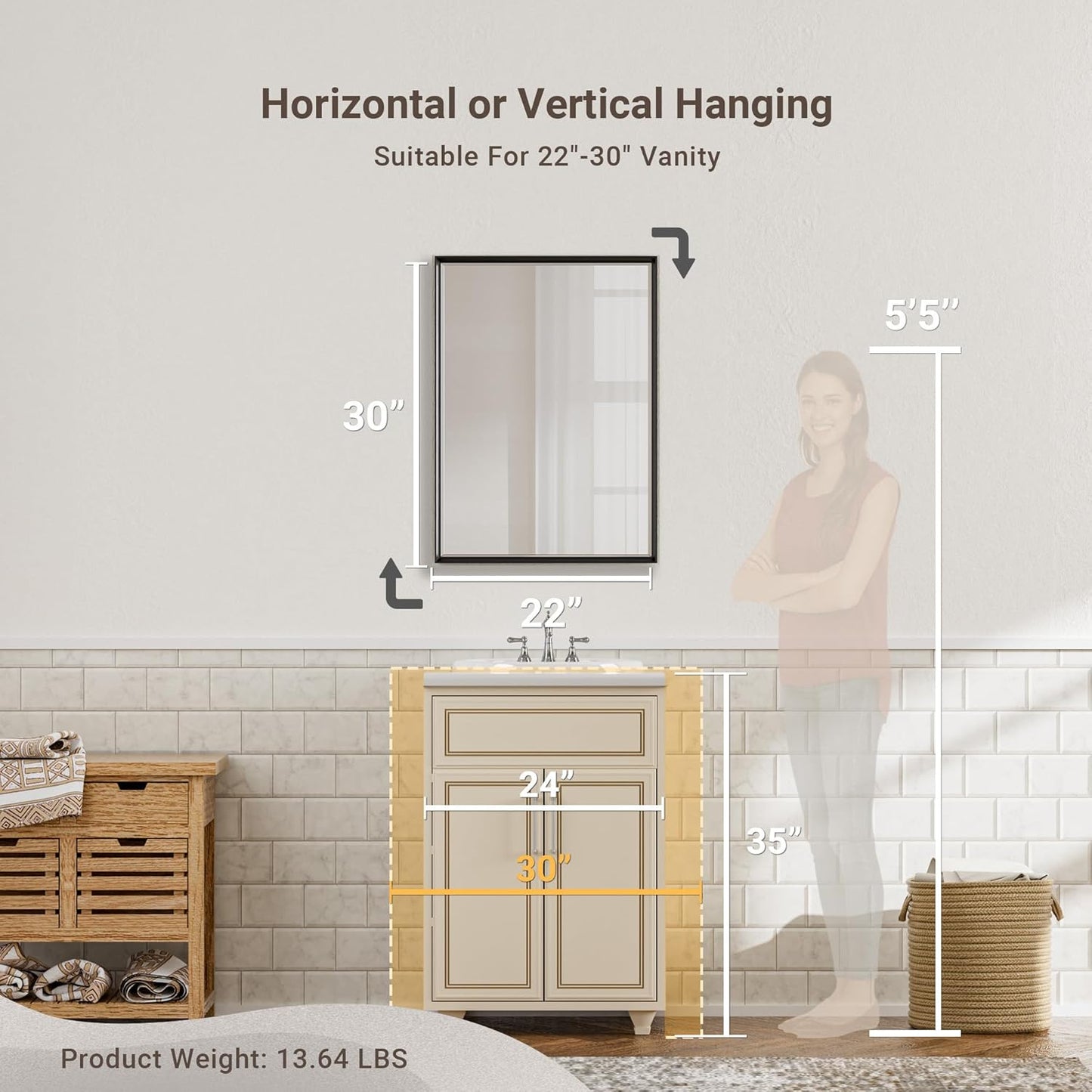 Black Framed Mirror for Bathroom, 22x30 Inch Black Rectangle Beveled Bathroom Vanity Mirror, Anti-Rust Matte Black Metal Frame Mirror for Wall, Vertical/Horizontal Wall-Mounted Mirrors