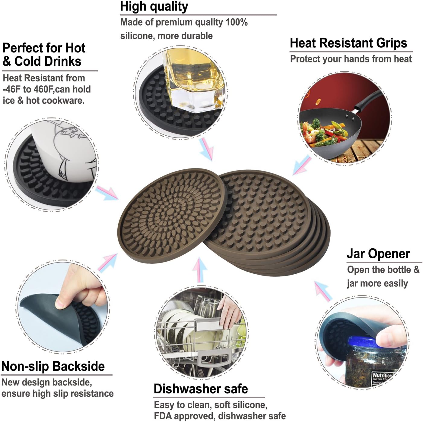 KindGa Coasters for Drinks Absorbent, Rubber Brown Coasters Set of 8, Large Silicone Drink Coaster for Furniture Protection, Deep Tray 4.3 Inch Oval Shape Reusable Heat-Resistant Mat