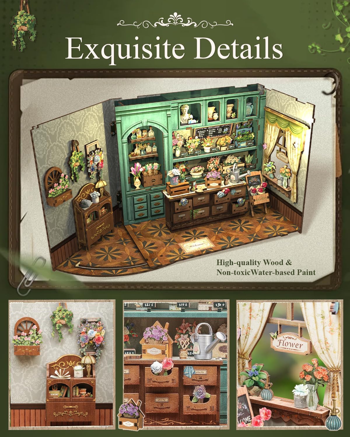 Cutefun Book Nook Kit - DIY Miniature House Dollhouse Kit, Book Nook Kits for Adults, Bookshelf Insert Bookend with LED Light for Teens and Adults (Blossom Florists)