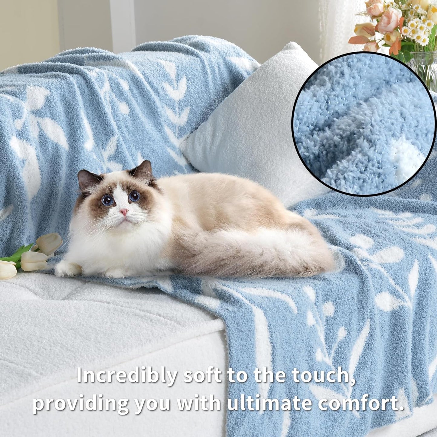 Leaf Pattern Throw Blanket Soft Cozy Spring Blanket for Bed, Couch, Sofa Lightweight Breathable Stylish Seasonal Home Decor Blanket Dusty Blue 50x60 Inches