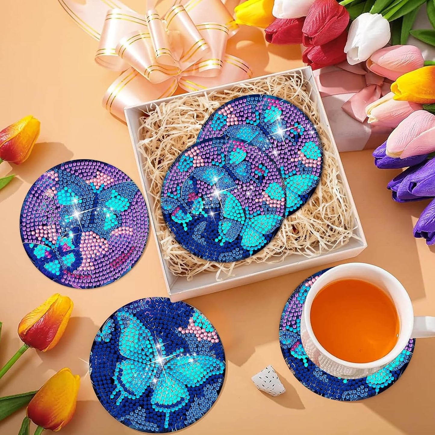 DOZEEZOP 8 PCS Diamond Painting Coasters with Holder, Diamond Art Coasters Kit, Fall Diamond Art Kits for Adults Beginners, Arts and Crafts Supplies Party Item Sets Butterfly Style