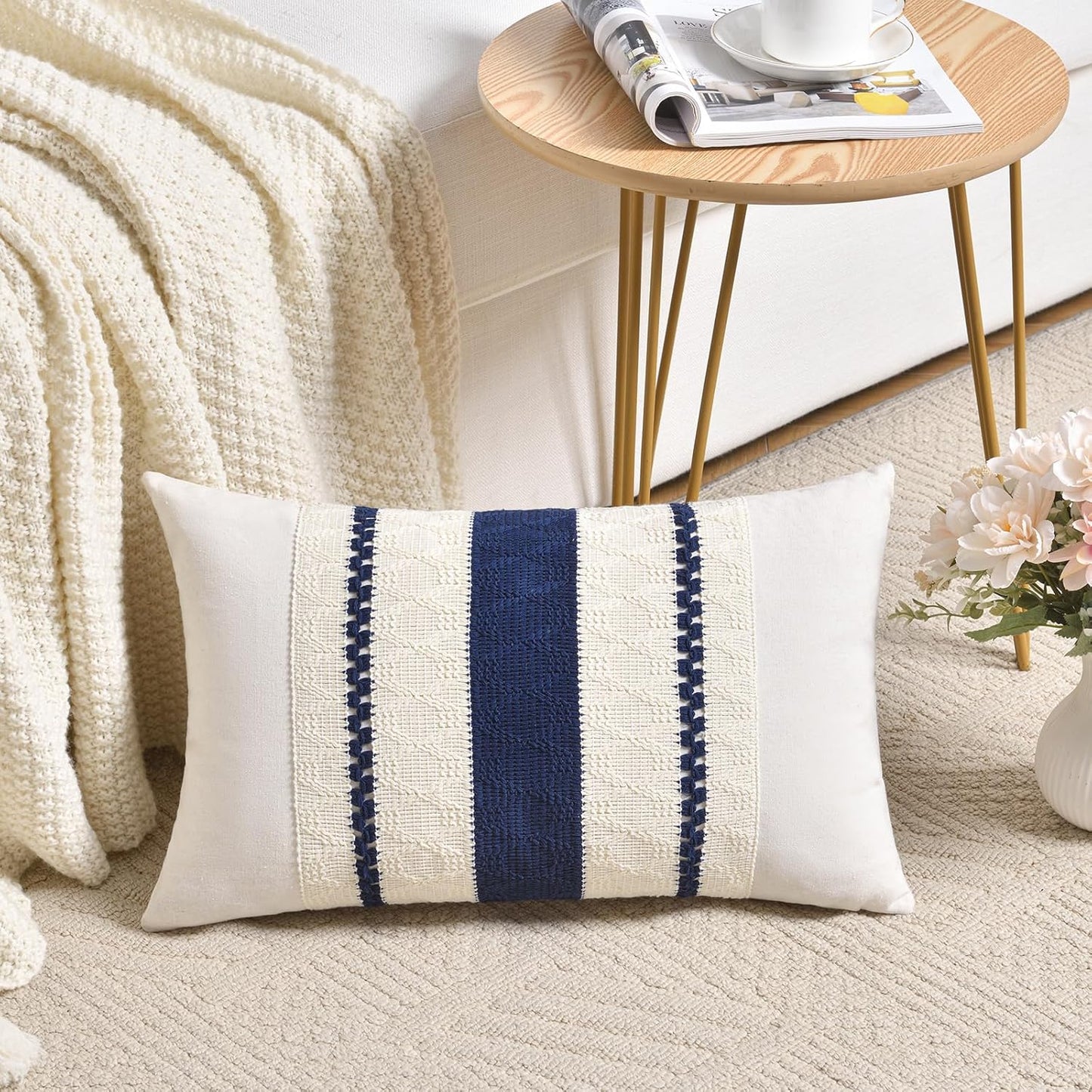 Fancy Homi Set of 2 Navy Blue Lumbar Decorative Throw Pillow Covers 12x20 Inch for Couch Bed Sofa Living Room, Aesthetic Modern Organic Farmhouse Home Decor, Soft Cotton Woven Textured Cushion Case