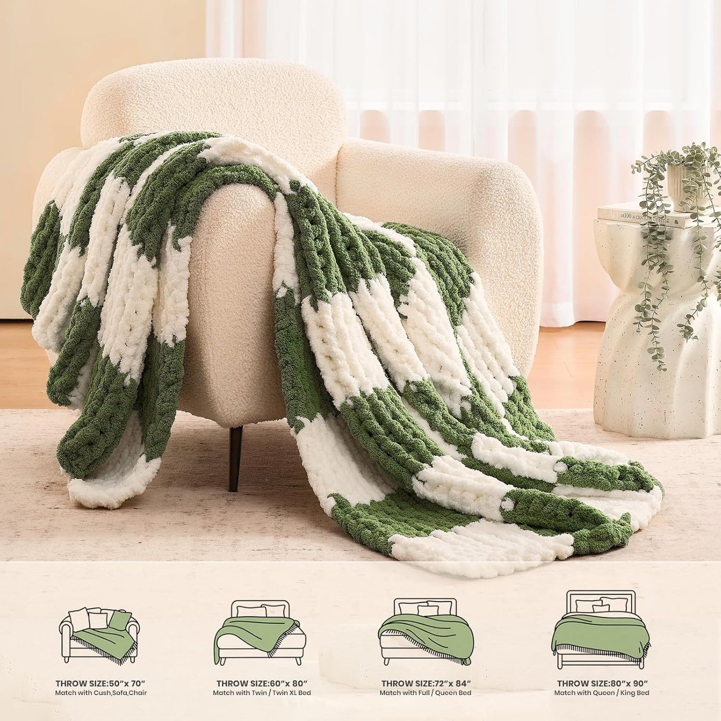 L'AGRATY Chunky Knit Blanket Throw: 60''x80'' Chenille Chunky Knitted Throw Blankets for Twin Bed Couch - Handmade Thick Cable Knit Blanket - Large Crochet Blankets for Home Decor(Green Checkered)
