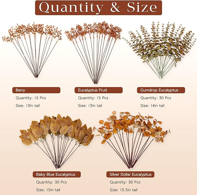 120 Pcs 5 Kinds Mixed Artificial Eucalyptus Leaves Stems and Fake Berry Bulk for Fall Decorations,Faux Plants Bundle for DIY Bouquets Floral Arrangement Wedding Engagement Party Autumn Decor (Orange)