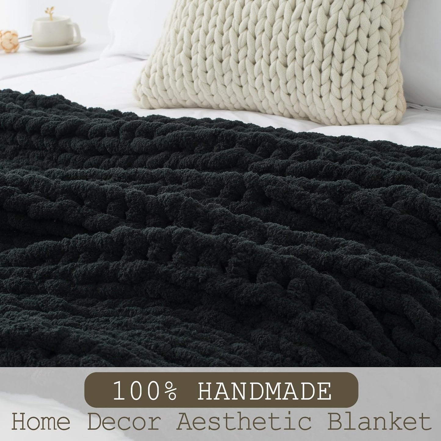 Chunky Knit Throw Blanket 60"X 80", 100% Handmade with Soft Chenille Yarn, 6.7lbs Thick Cable Knitted Blankets, Large Rope Knot Crochet Throws for Couch Sofa Bed Home Decor, Black