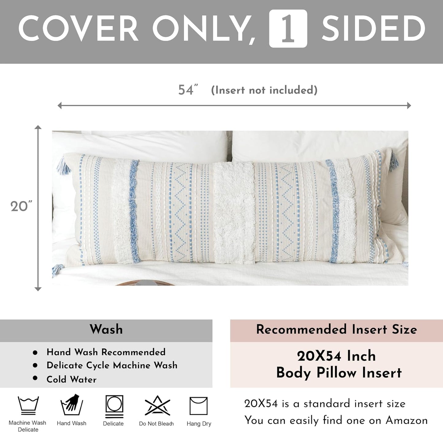 BlissBlush Large Body Pillow Cover for Bed 20x54 Coastal Blue Boho Accent Oversized Long Pillowcase for Bedroom Decorative Cushion Farmhouse Home Décor (Cover ONLY, Pack of 1)