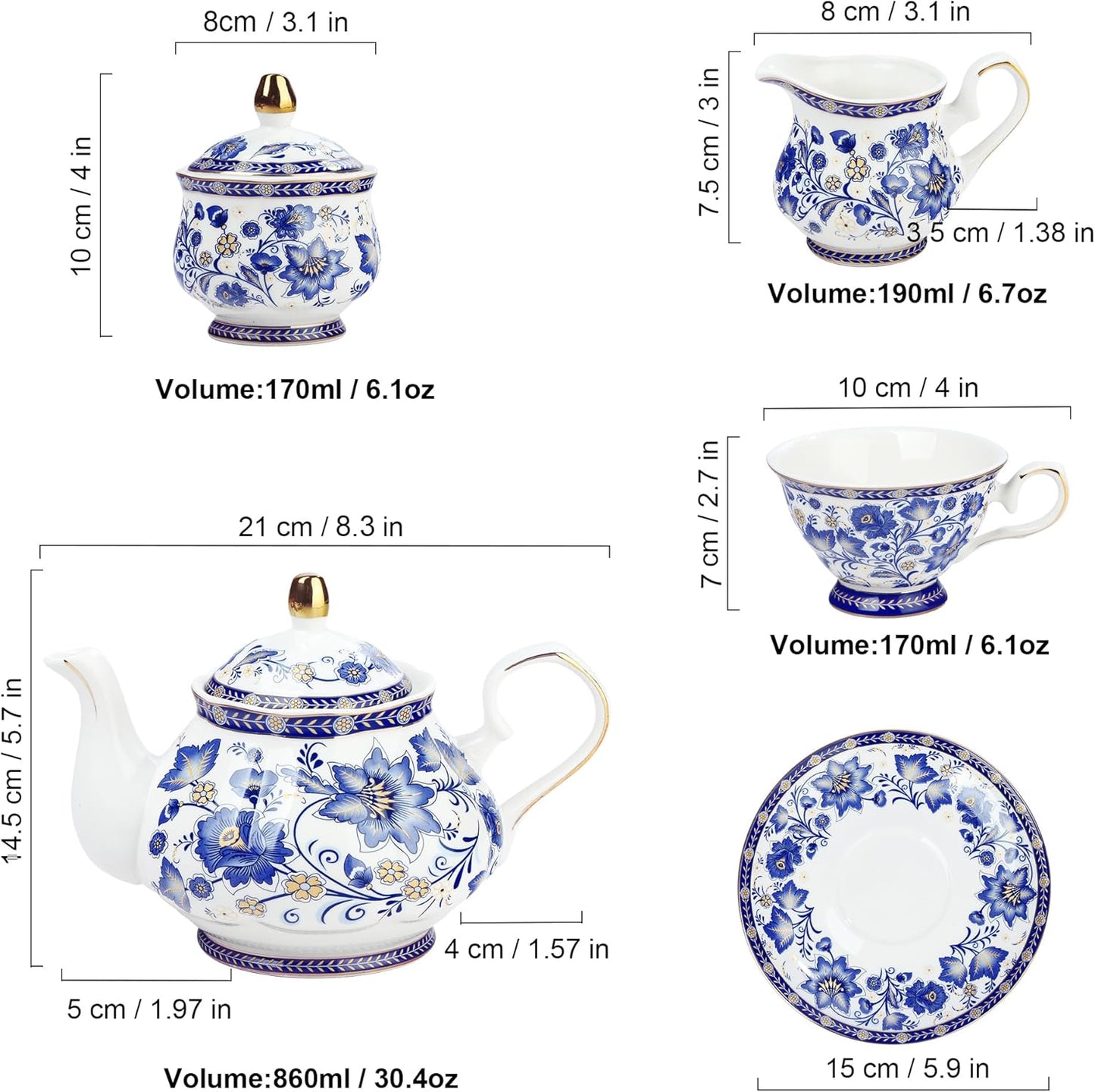 fanquare Porcelain Tea Sets,Blue British Coffee Cups& Saucer Service for 6, with Teapot,Sugar Bowl,Creamer Pitcher and Golden Metal Rack