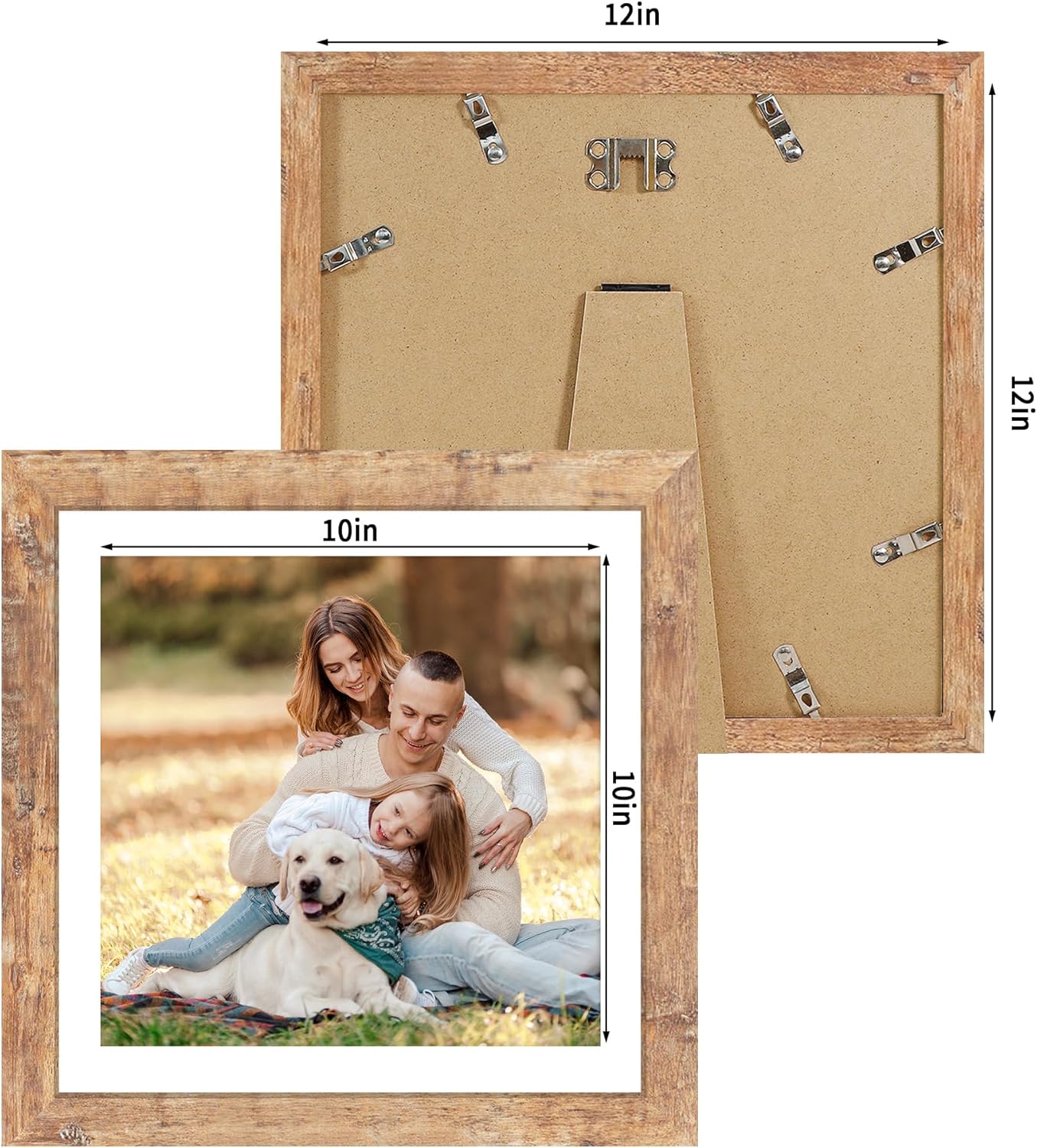 iRahmen 12x12 Picture Frame Set of 4 with Tempered Glass, Rustic Brown Frame Display 10x10 Pictures with Mat or 12 x 12 Without Mat, Wood Square Photo Frames for Desktop Display and Wall Mounting