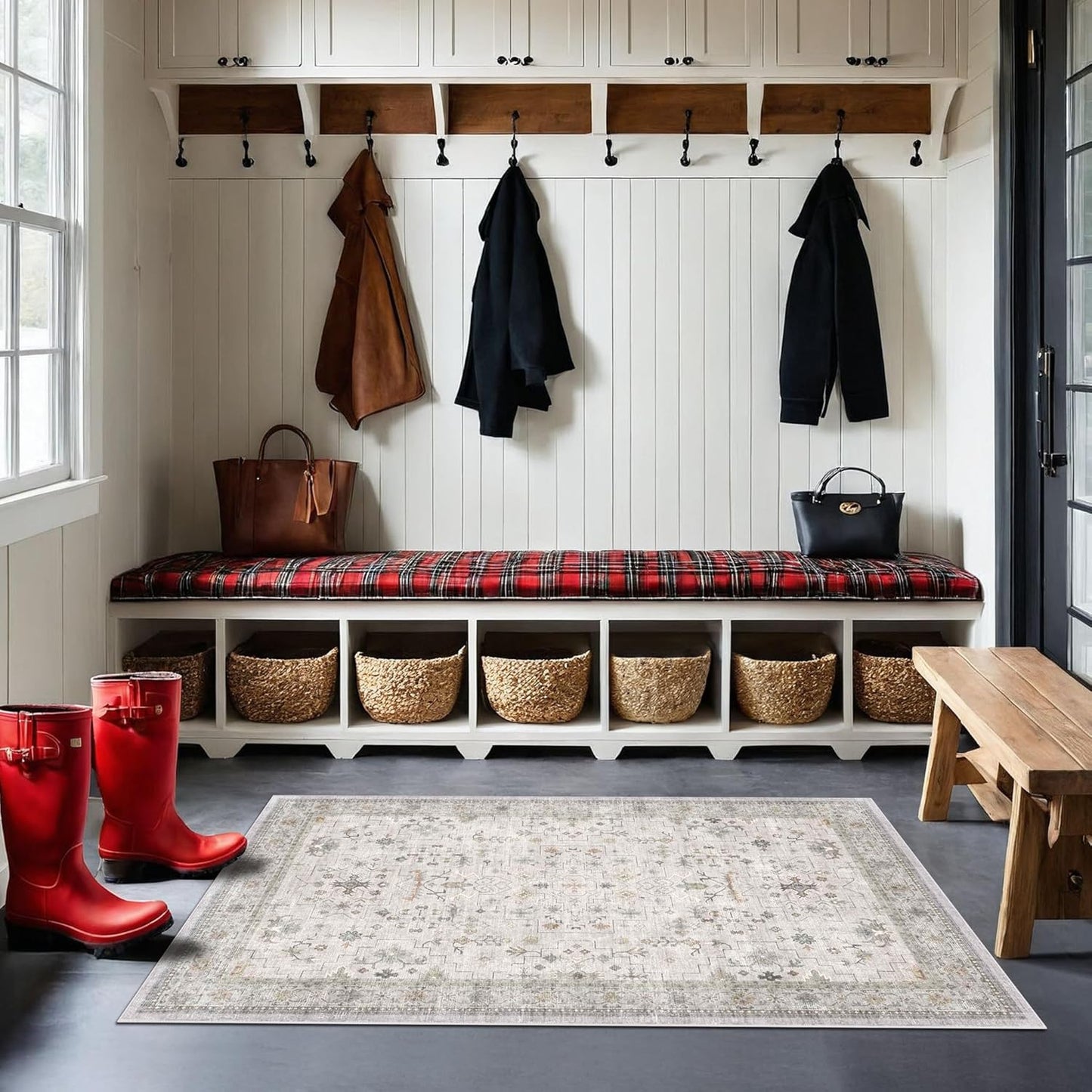 Light Grey 3x4 Large Boho Bathroom Rug - Modern Vintage Eclectic Floral Pastel Neutral Taupe, Washable Low Pile Non-Slip Area Rugs for Entryway, Kitchen, Bedroom Beside Bed, Powder Room