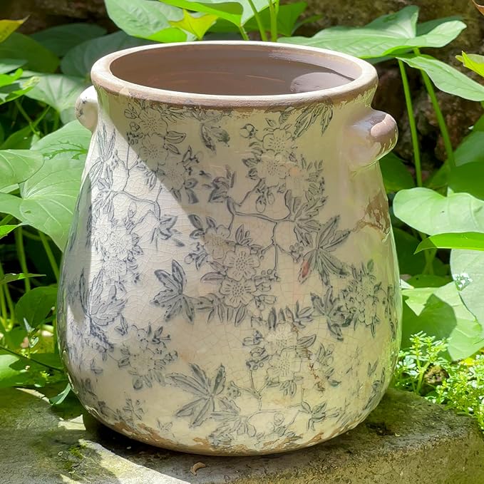 Vintage Grey Ceramic Ice Crack Glaze Flower Pot with Drainage Holes and With Handle, Country Rustic Planters for Indoor and Outdoor,Tuscan Decor,Home,Living Room, Garden Decor, Gardening Gift (Grey)