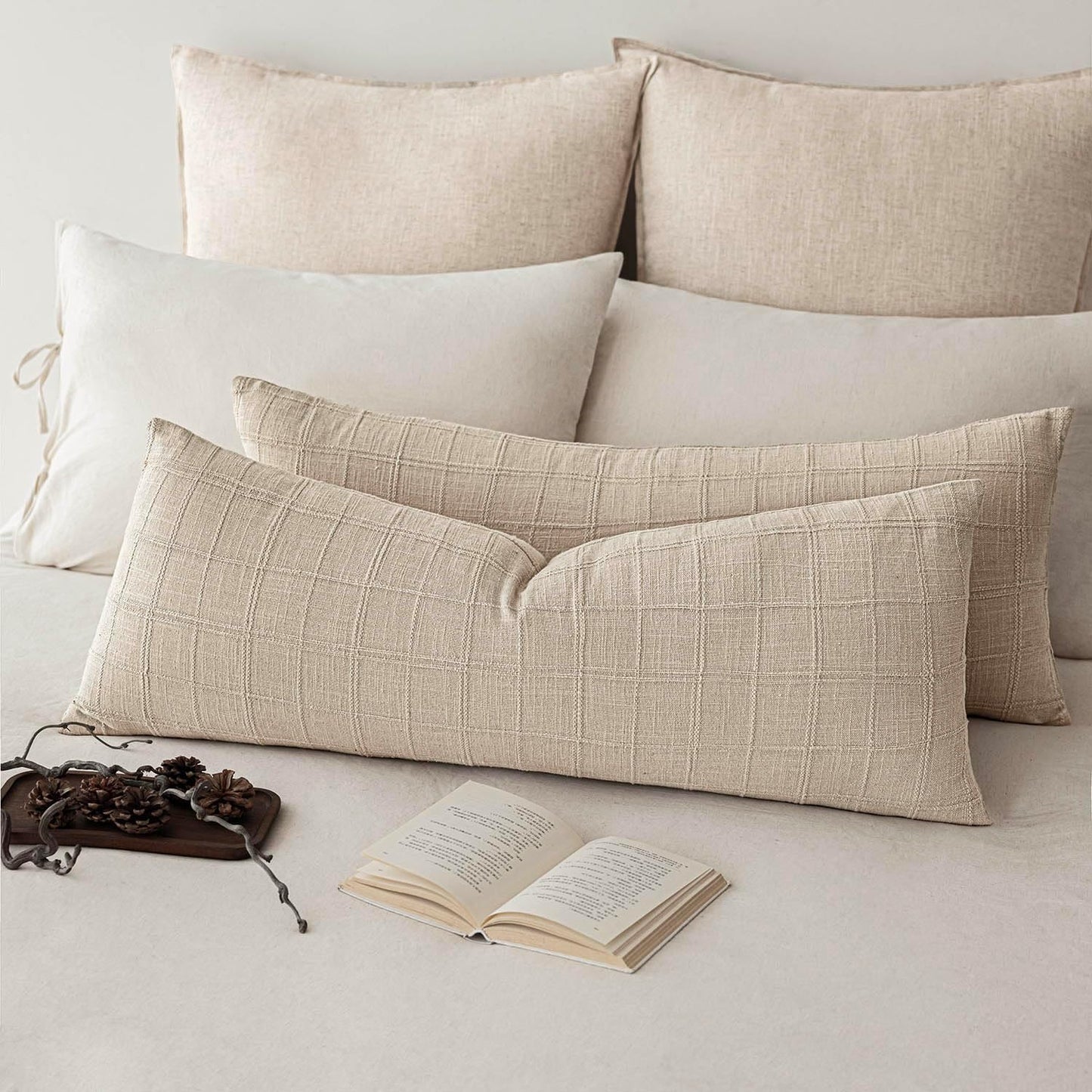 Foindtower Set of 2 Decorative Linen Check Throw Pillow Covers Neutral Farmhouse Lumbar Cushion Covers Modern Boho Home Decor for Sofa Chair Couch Bedroom Living Room,12×24 Inch,Natural Linen