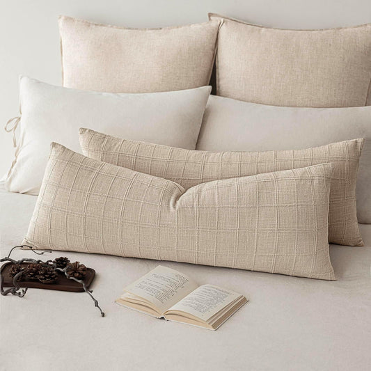 Foindtower Set of 2 Decorative Linen Check Throw Pillow Covers Neutral Farmhouse Lumbar Cushion Covers Modern Boho Home Decor for Sofa Chair Couch Bedroom Living Room,12×24 Inch,Natural Linen