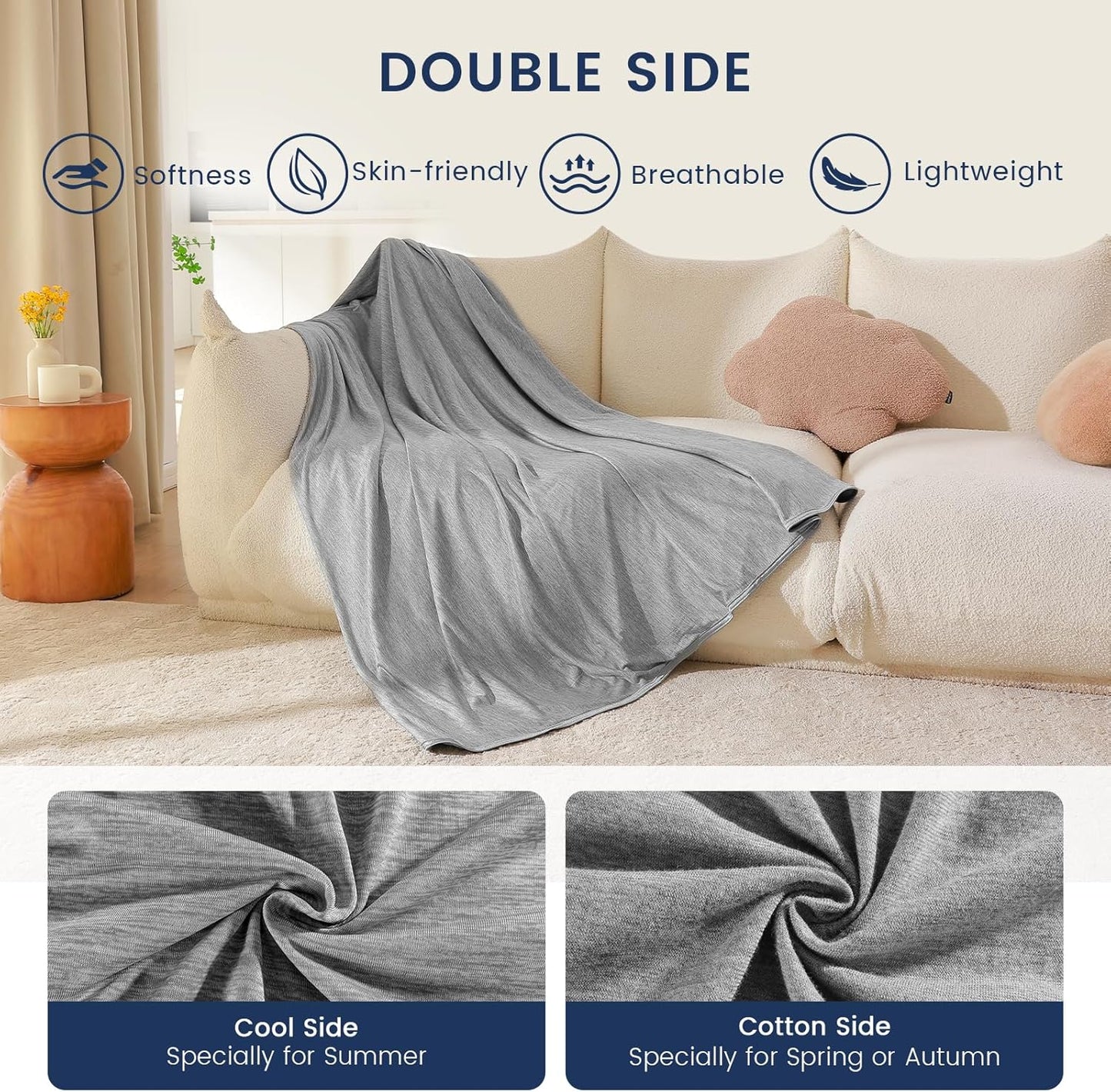 Cooling Blanket for Hot Sleepers, Cool Throw for Hot Flashes or Night Sweats, Q-Max>0.45 Summer Cool Fiber for Bed Couch Sofa, Lightweight, Soft, Twin or Single Size, 59x79 inch, Grey