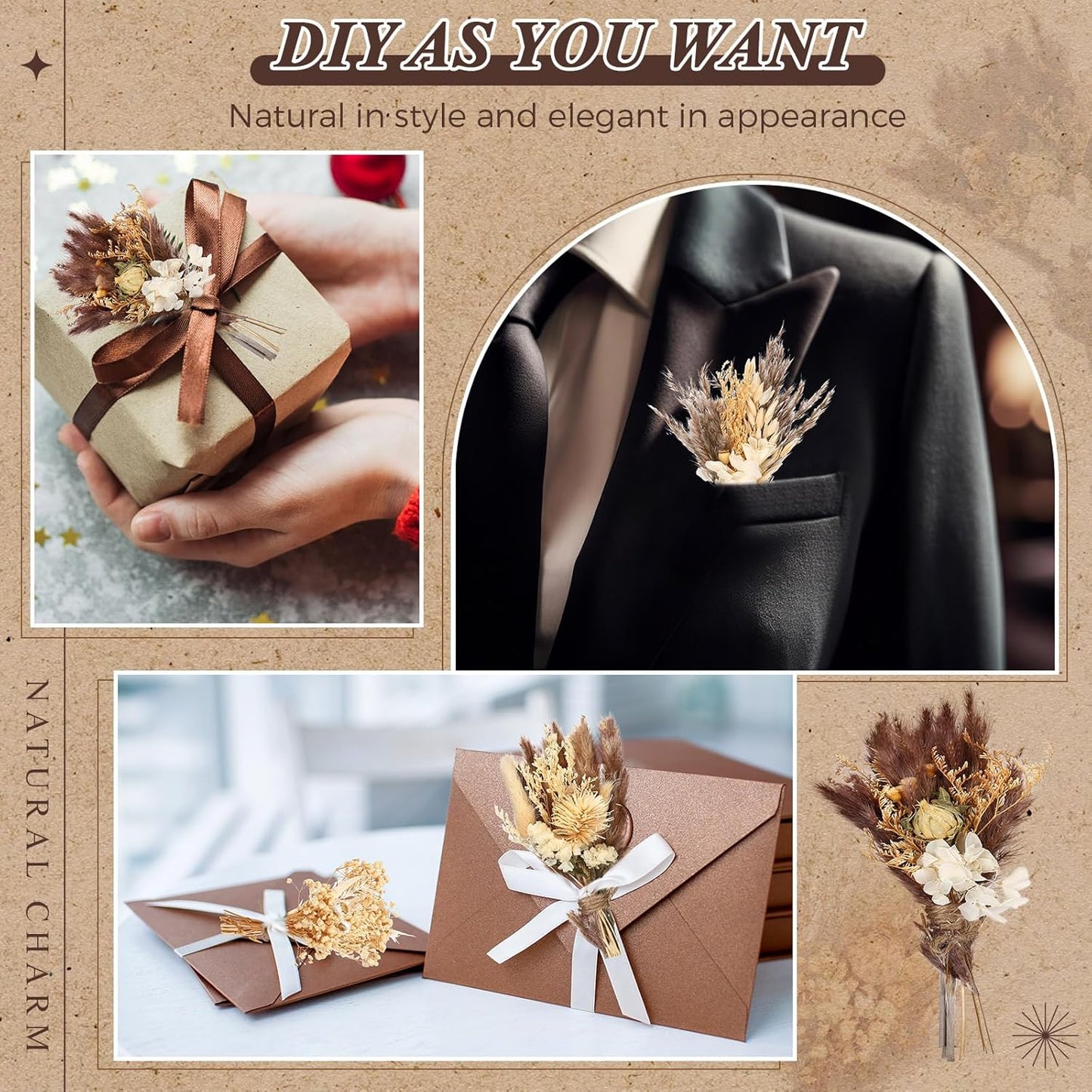 Layhit 24 Pcs Boho Dried Flower Bouquet Mini Wedding Handmade Dry Flowers Decor for Vase Crafts DIY Photo Boutonniere for Men Floral Plant for Bridesmaid Gift Birthday Decor(Stylish)