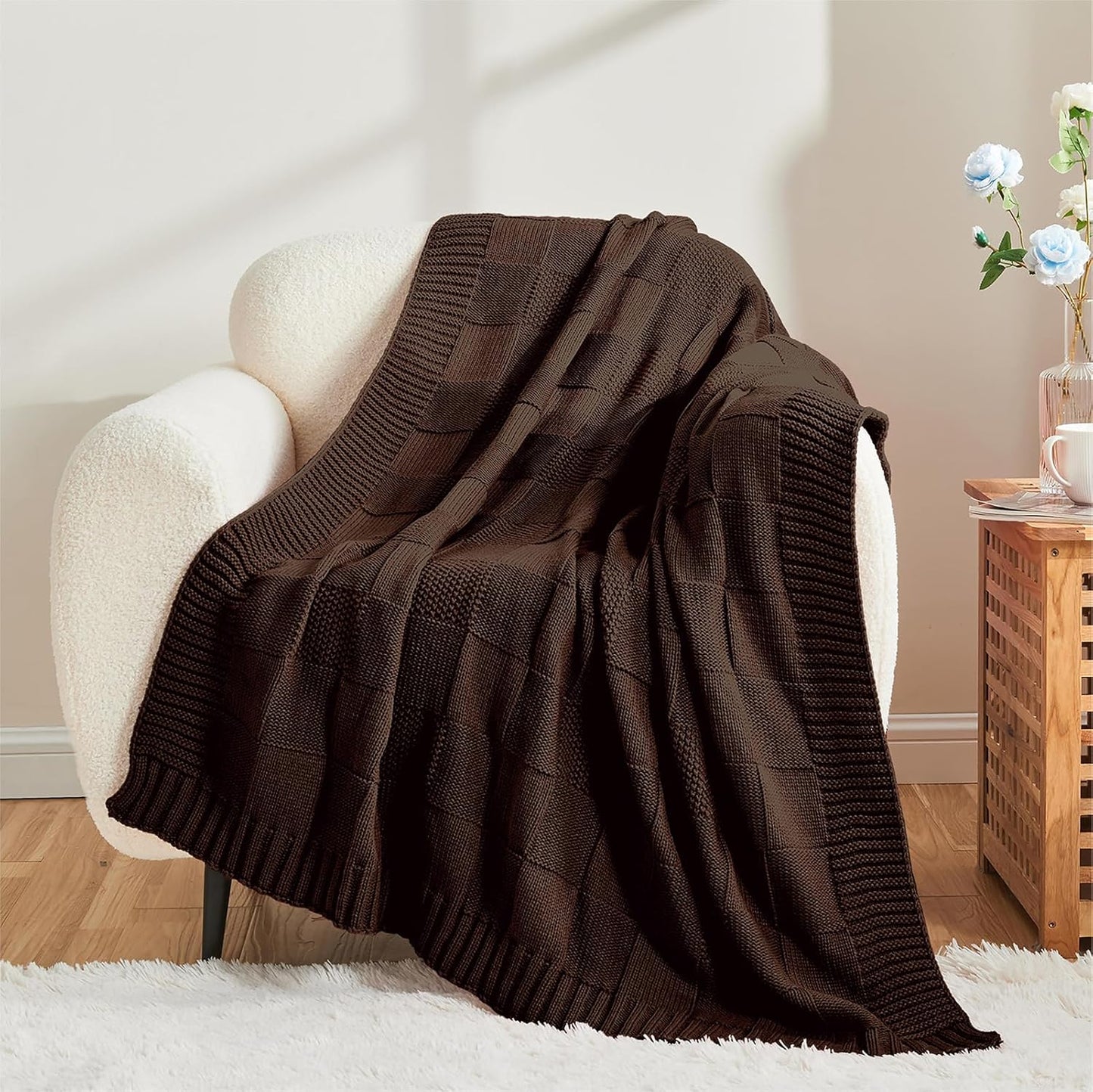 CozeCube Check Knit Throw Blanket, Dark Brown Checkered Throw for Couch, Decorative Christmas Soft Cozy Warm Knitted Blanket for Bed Sofa Living Room, 50"X60"