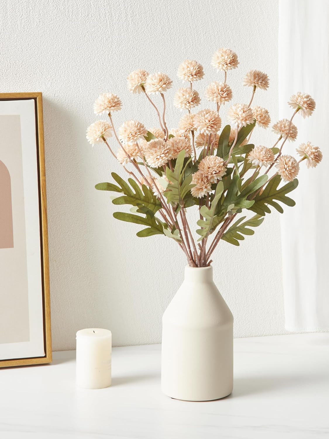 InnoGear Silk Flowers Pompon Mums Artificial Flowers, 5pcs 25 Heads Fake Mini Chrysanthemums with Long Stems Bulk Faux Kiku Flower for Decoration Memorial DIY Wedding Bouquets Centerpieces, Beige