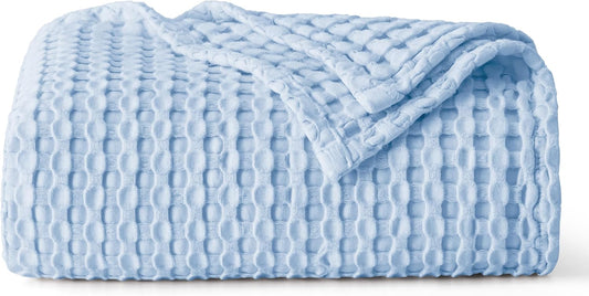 Bedsure Cooling Cotton Waffle Twin XL Blanket - Lightweight Breathable Blanket of Rayon Derived from Bamboo for Hot Sleepers, Luxury Throws for Bed, Couch and Sofa, Blue, 66x90 Inches