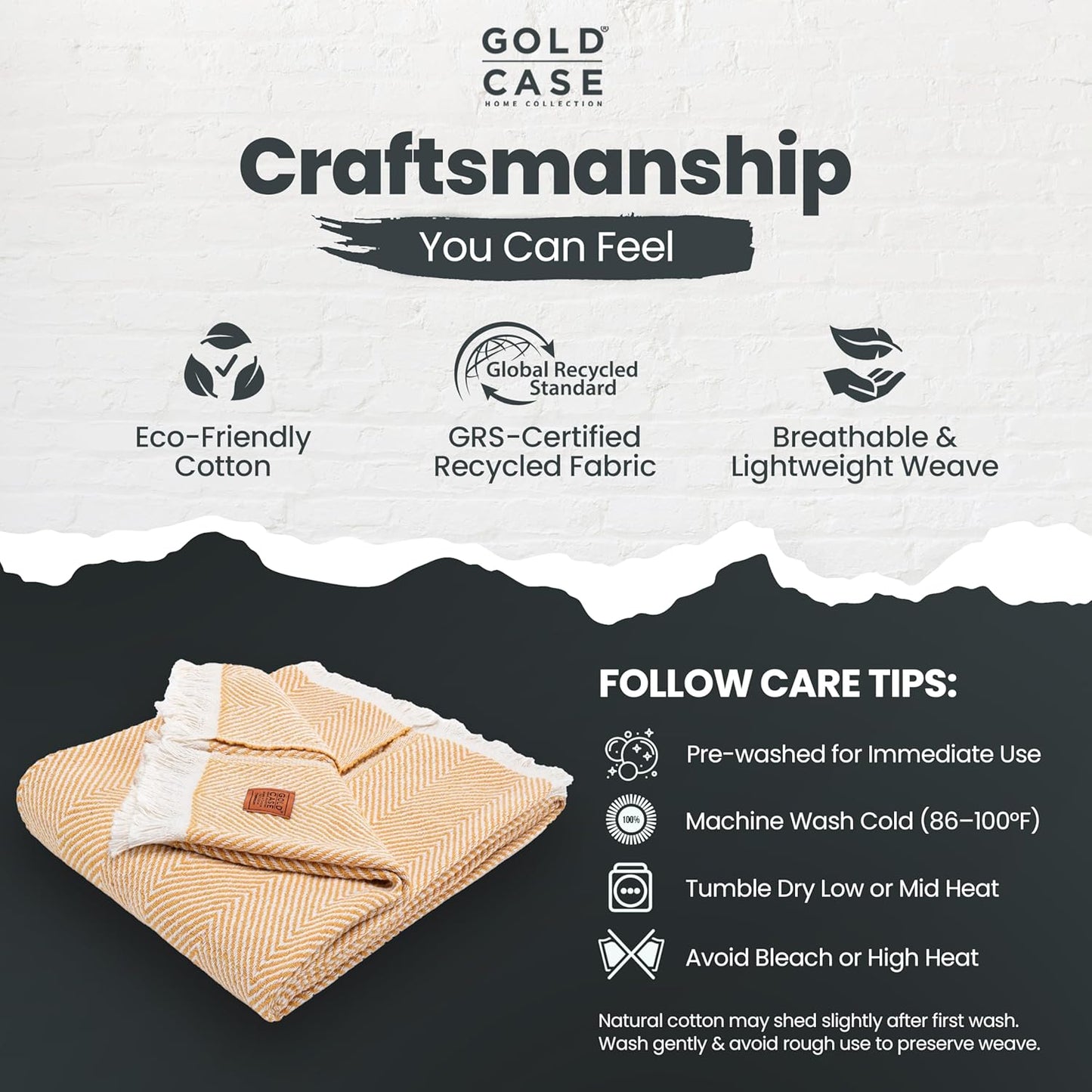 Gold Case Throw Blanket for Couch - 100% Recycled Turkish Cotton Blankets & Throws - Elegant Soft Throw Blankets for Living Room - Boho Decorative Woven Couch Blanket - 60x80 - Mustard