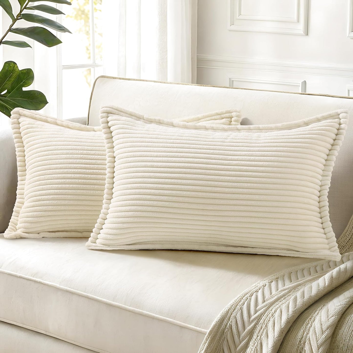 decorUhome Christmas Corduroy Cream White Throw Pillow Covers 12x20 Set of 2 Decorative Soft Boho Farmhouse Lumbar Euro Couch Pillow Covers for Living Room Bed Sofa Broadside Striped Pillow Cases