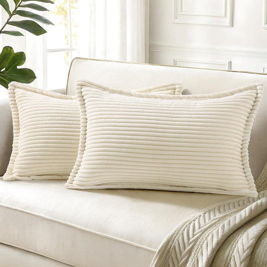 decorUhome Christmas Corduroy Cream White Throw Pillow Covers 12x20 Set of 2 Decorative Soft Boho Farmhouse Lumbar Euro Couch Pillow Covers for Living Room Bed Sofa Broadside Striped Pillow Cases