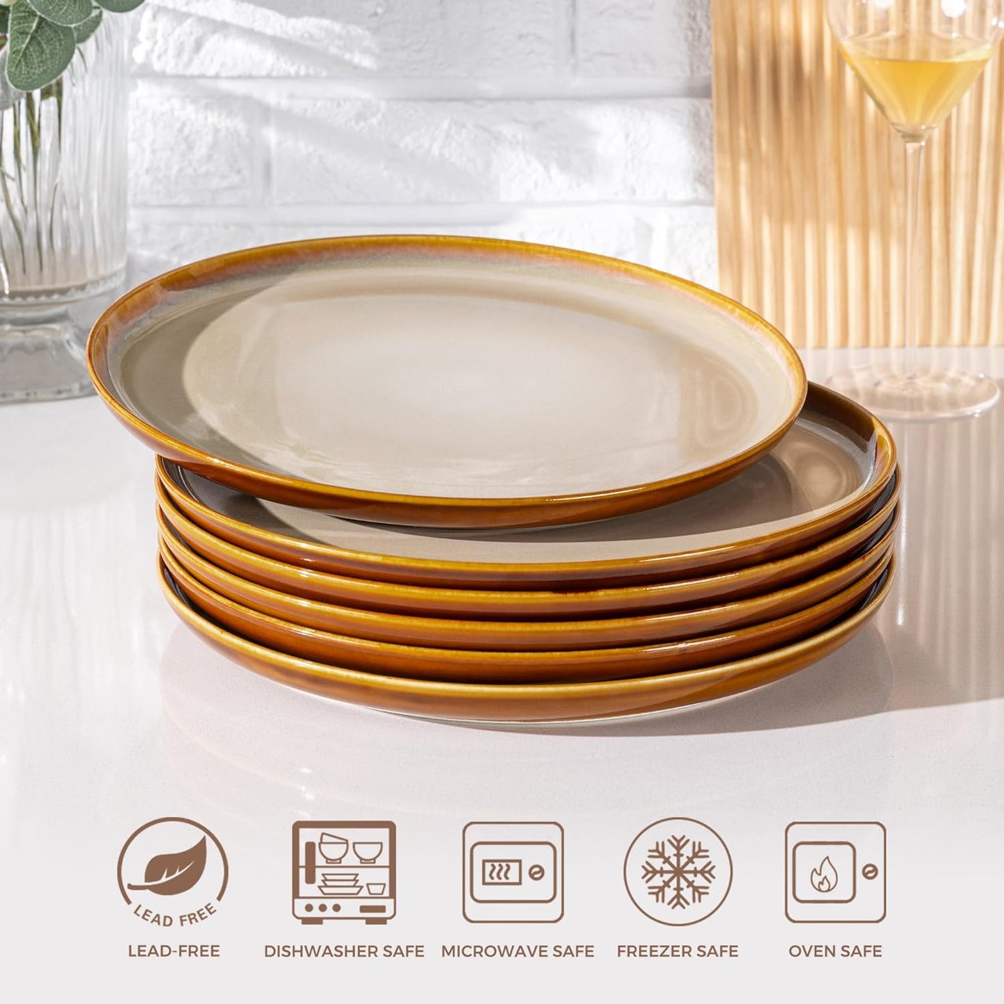 LERATIO Ceramic Dinner Plates Set of 6, 10.5 Inch Reactive Glaze Porcelain Plates, Modern Shape Dinnerware Dishes Set for Kitchen,Microwave&Dishwasher&Oven Safe, Scratch Resistant-Khaki