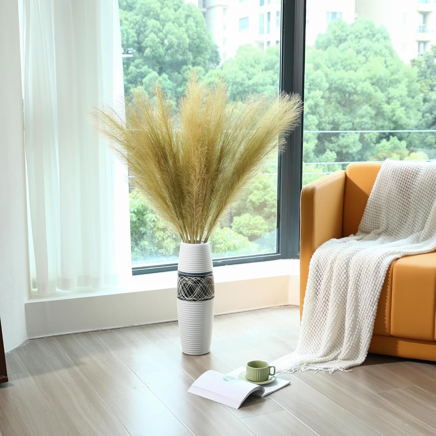 Gold Pampas Grass Decor - 45-Inch Set of 8 | Faux Tall Pampas Grass Soft and Fluffy | Perfect for Wedding Centerpieces, Great Gatsby Party Decorations and Glam Room Decor