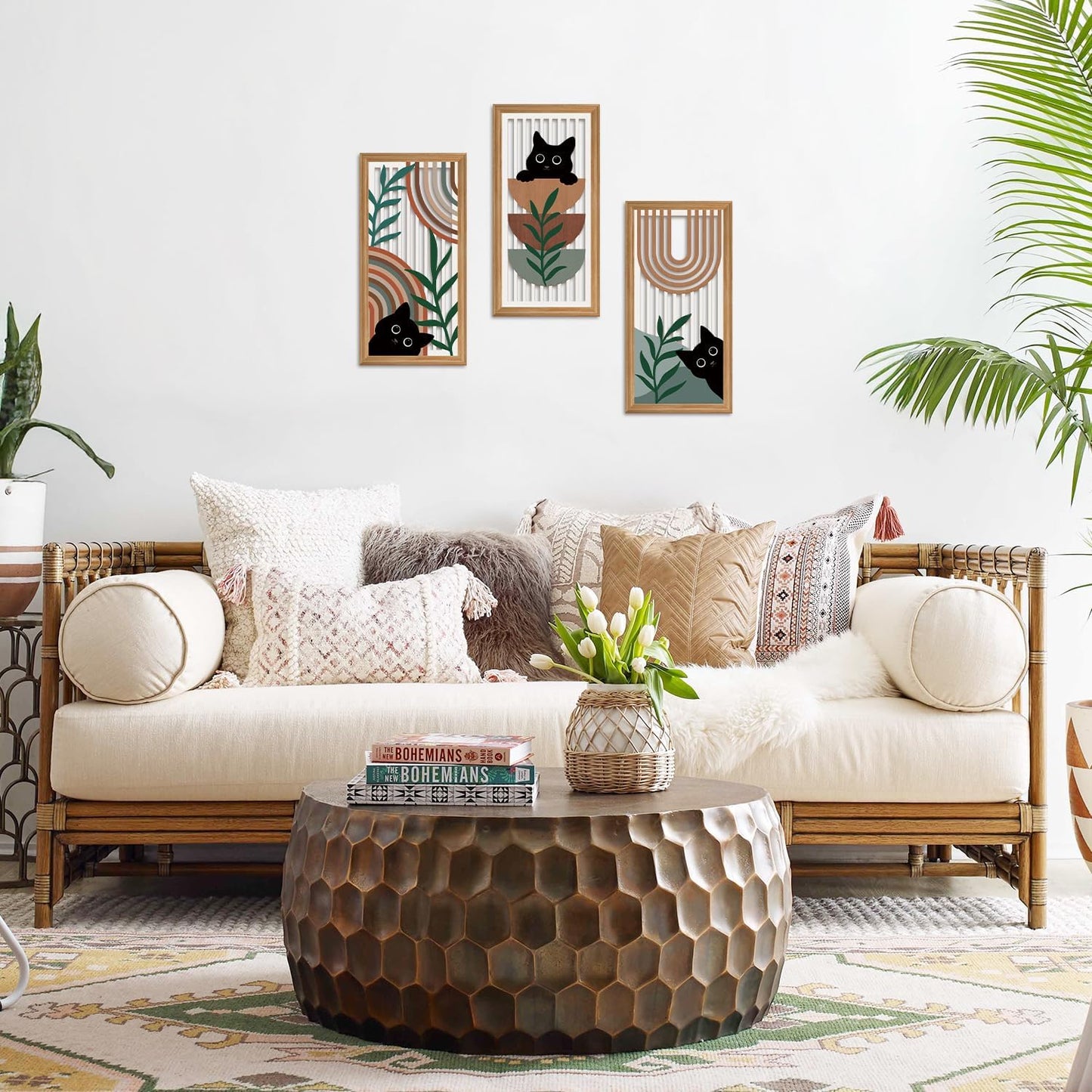 IARTTOP 3 Pcs Boho Black Cat Wall Decor Abstract Geometric Wood Wall Art Bohemian Cat Hanging Decor Mid Century Modern Artwork Decoration for Farmhouse Bedroom Living Room 7.9 x15.8 Inch