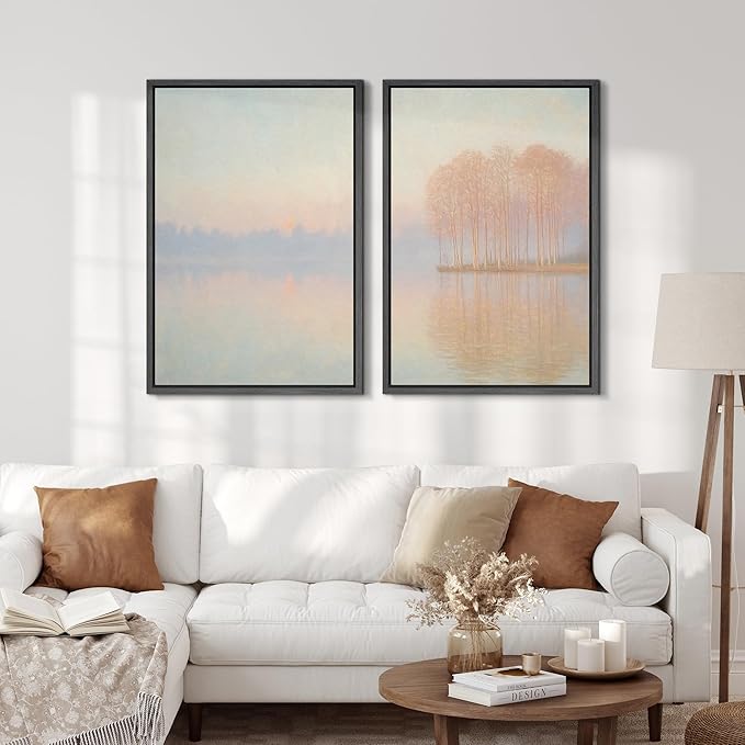 SIGNFORD Framed Canvas Print Wall Art Set Pastel Lake Landscape Serene Sunrise Water Reflection Illustration Modern Art Decorative Nordic Nature for Living Room, Bedroom, Office - 16"x24"x2 Black