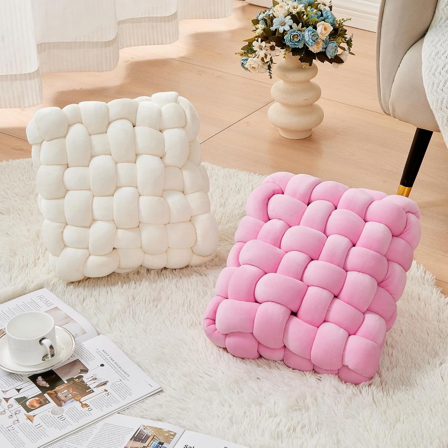 JELLYMONI White Square Knot Throw Pillow, Small Size Home Decorative Pillow, Decorative Ins Throw Pillow, Soft Velvet Knotted Decor for Room and Couch (S- 11.8"×11.8"×3.5", White)