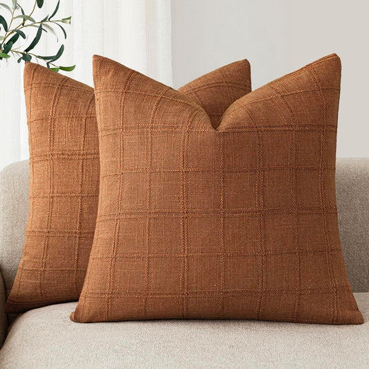 Foindtower Set of 2 Decorative Linen Check Throw Pillow Covers Neutral Farmhouse Vintage Cushion Covers Modern Boho Home Decor for Sofa Chair Couch Bedroom Living Room,18×18 Inch,Orange