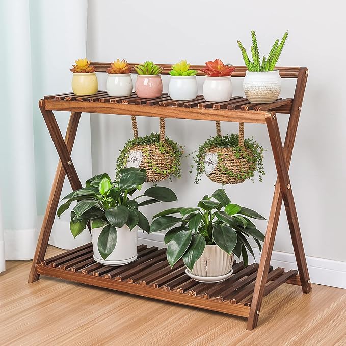 Indoor Plant Stand for Multiple Plants 2 Tier Wood Corner Plant Shelf Rack with Planter Hanger Outdoor Flower Pot Stand Holder for Yard Patio Garden Balcony Porch Living Room ( Rustic X-Cross)