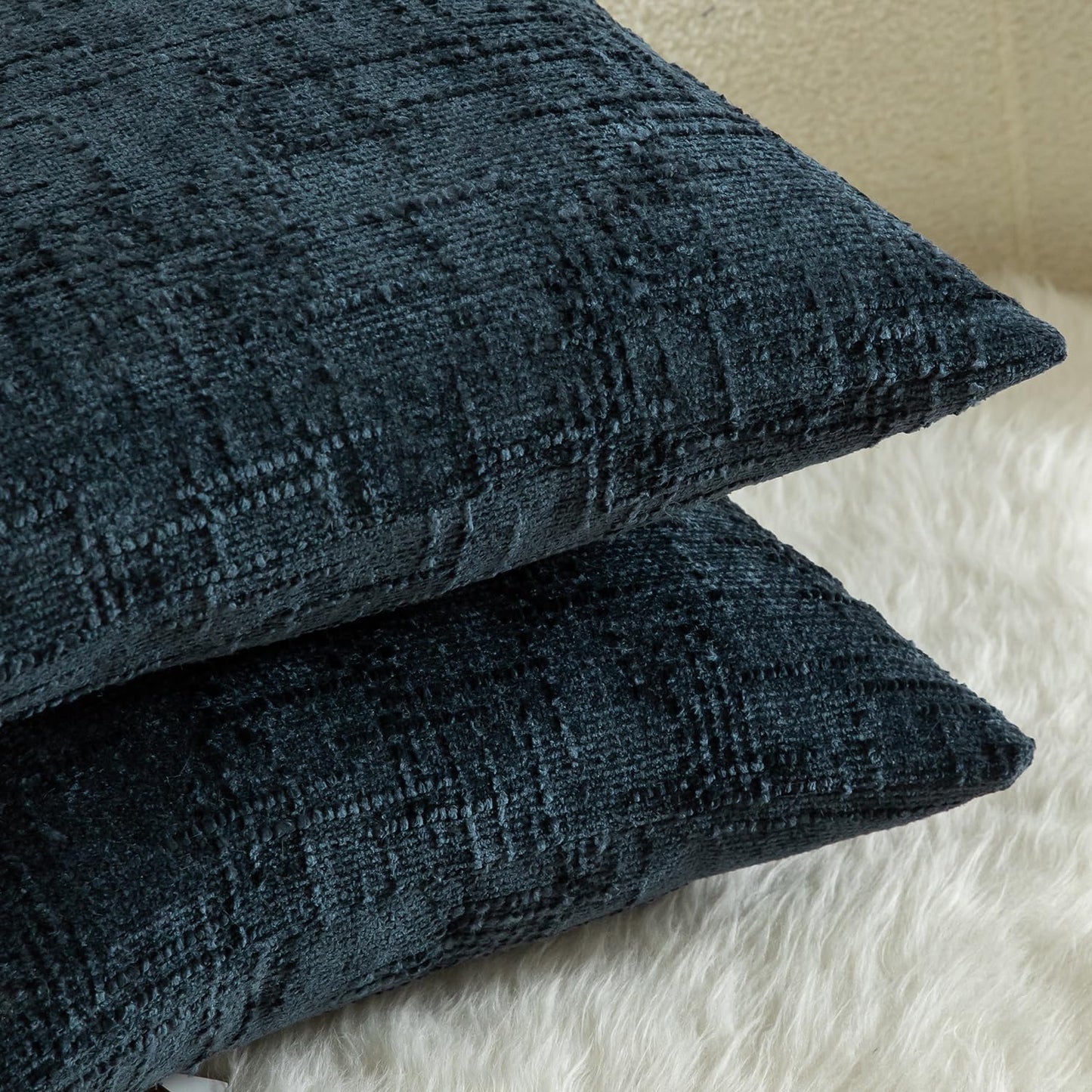 MANDIOO Pack of 2 Soft Chenille Textured Throw Pillow Covers Lumbar Accent Solid Decorative Cushion Cover Cozy Farmhouse Pillow Case for Couch Sofa Bed Living Room 12x20 Inch Dark Blue