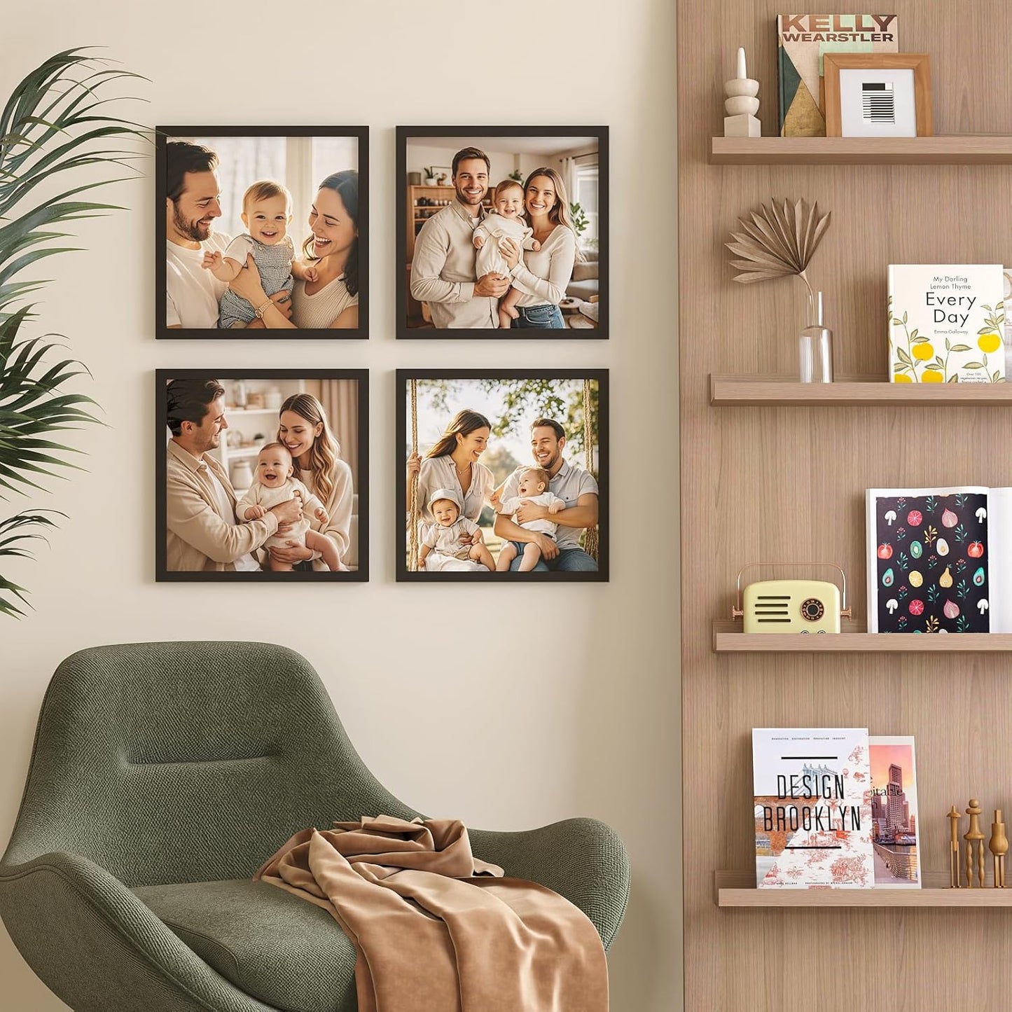 KINLINK 13x13 Picture Frame, Black Square Solid Wood Frames for Pictures 13x13 without Mat and 12.5x12.5 Music Record Album, Wall Display Photo Frames Black 4 Pack